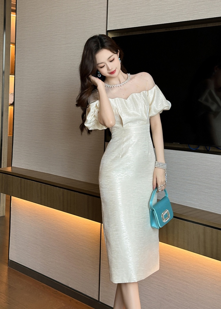 Splice temperament puff sleeve gauze dress for women