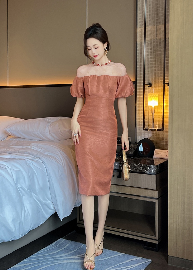 Splice temperament puff sleeve gauze dress for women