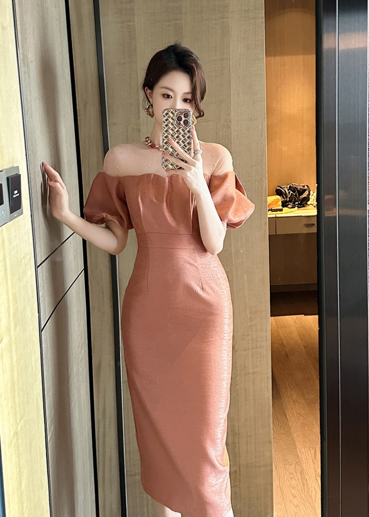 Splice temperament puff sleeve gauze dress for women