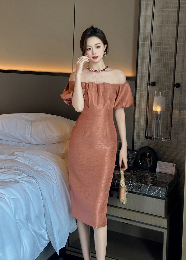 Splice temperament puff sleeve gauze dress for women