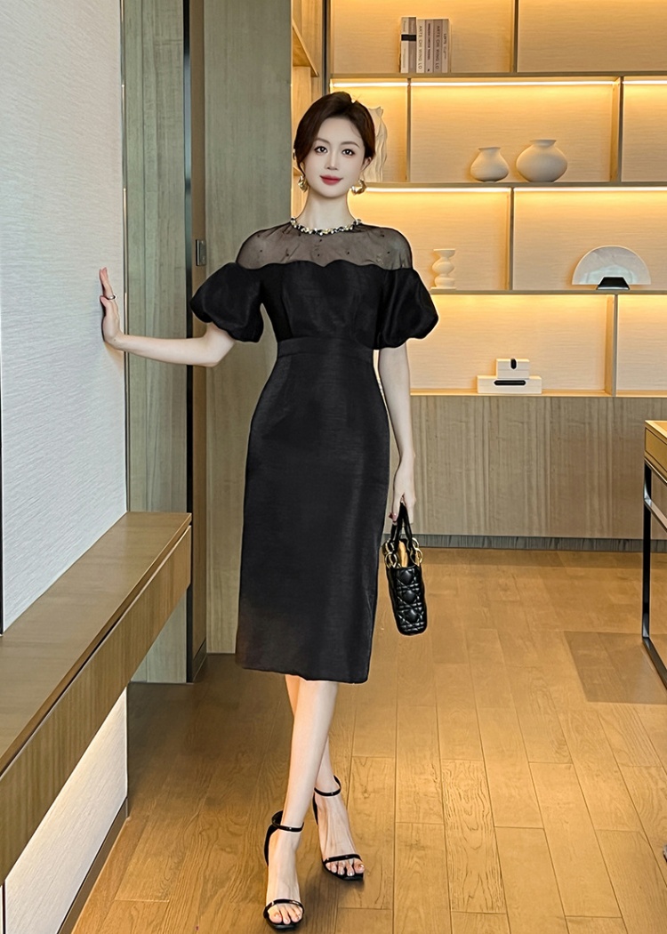 Splice temperament puff sleeve gauze dress for women