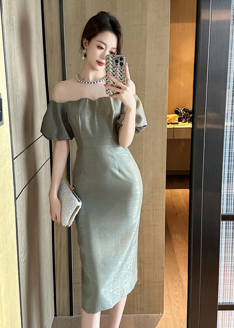 Splice temperament puff sleeve gauze dress for women