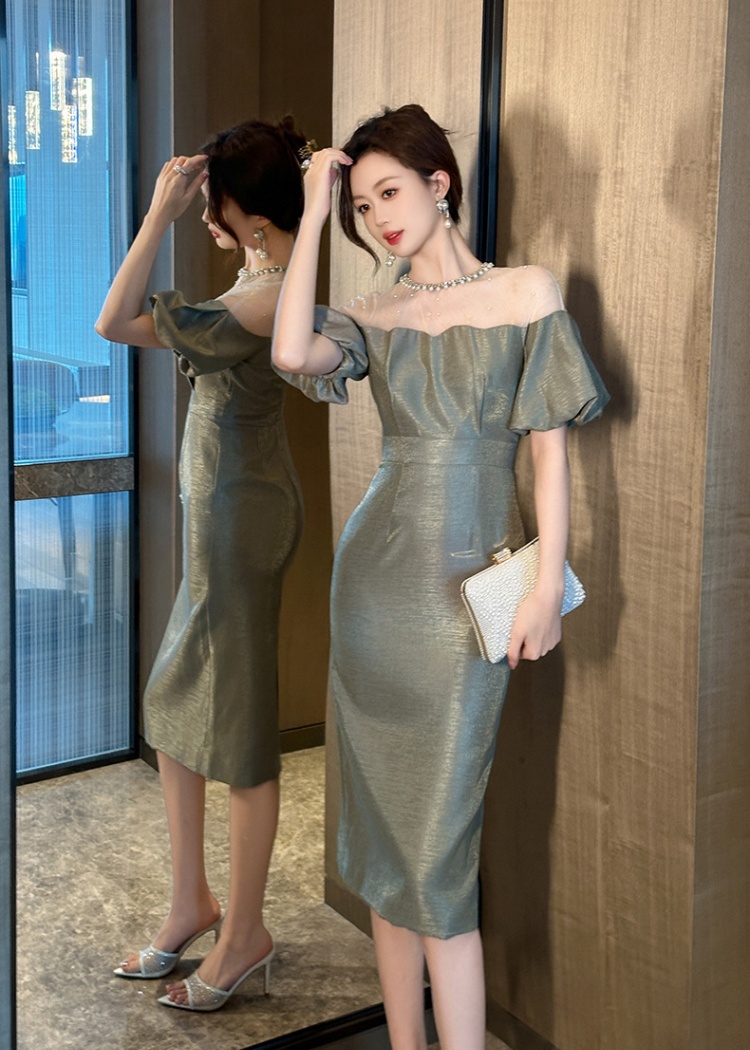 Splice temperament puff sleeve gauze dress for women