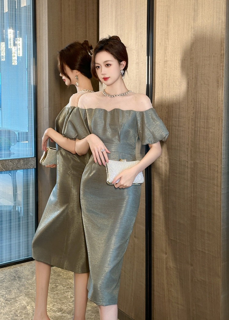 Splice temperament puff sleeve gauze dress for women