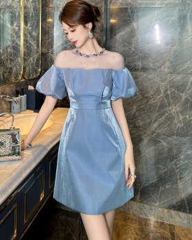 A-line puff sleeve pinched waist summer rhinestone dress