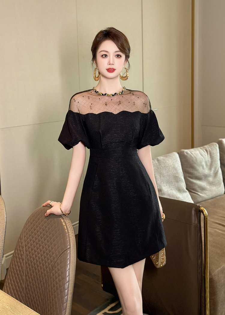 A-line puff sleeve pinched waist summer rhinestone dress