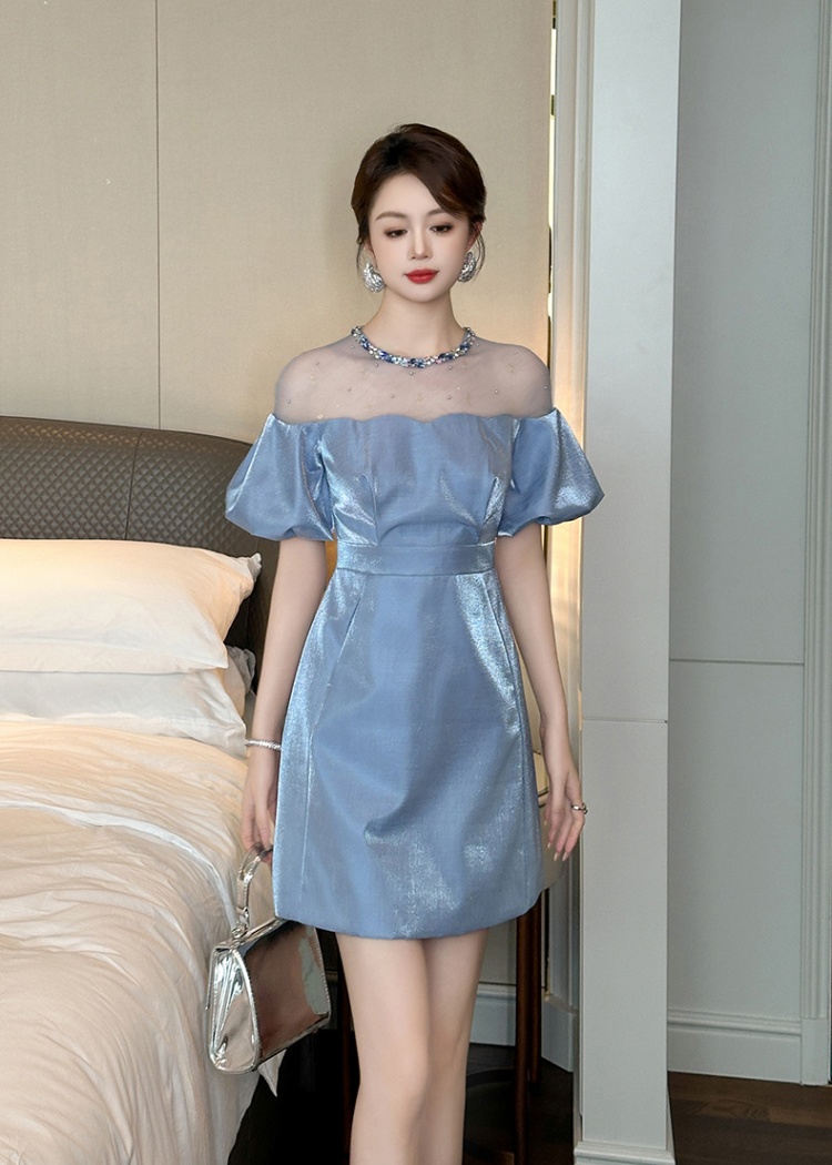 A-line puff sleeve pinched waist summer rhinestone dress