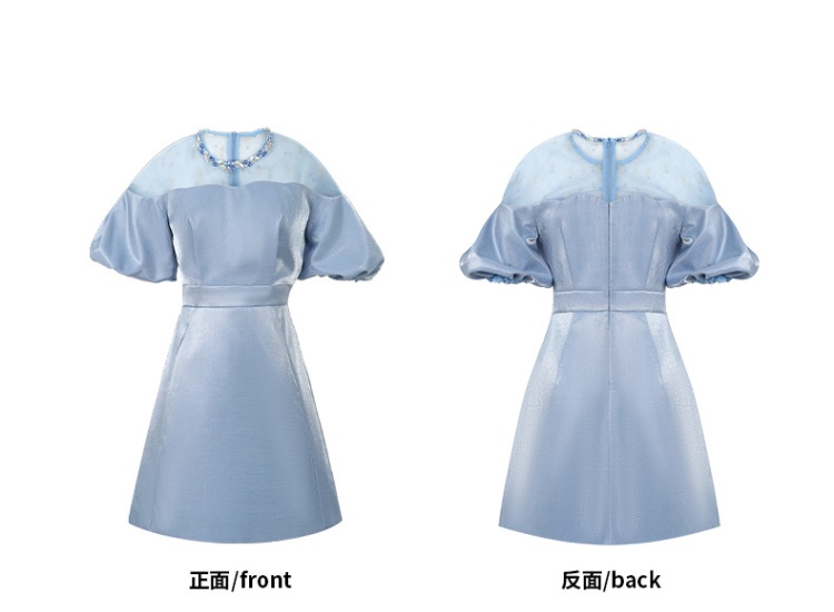 A-line puff sleeve pinched waist summer rhinestone dress