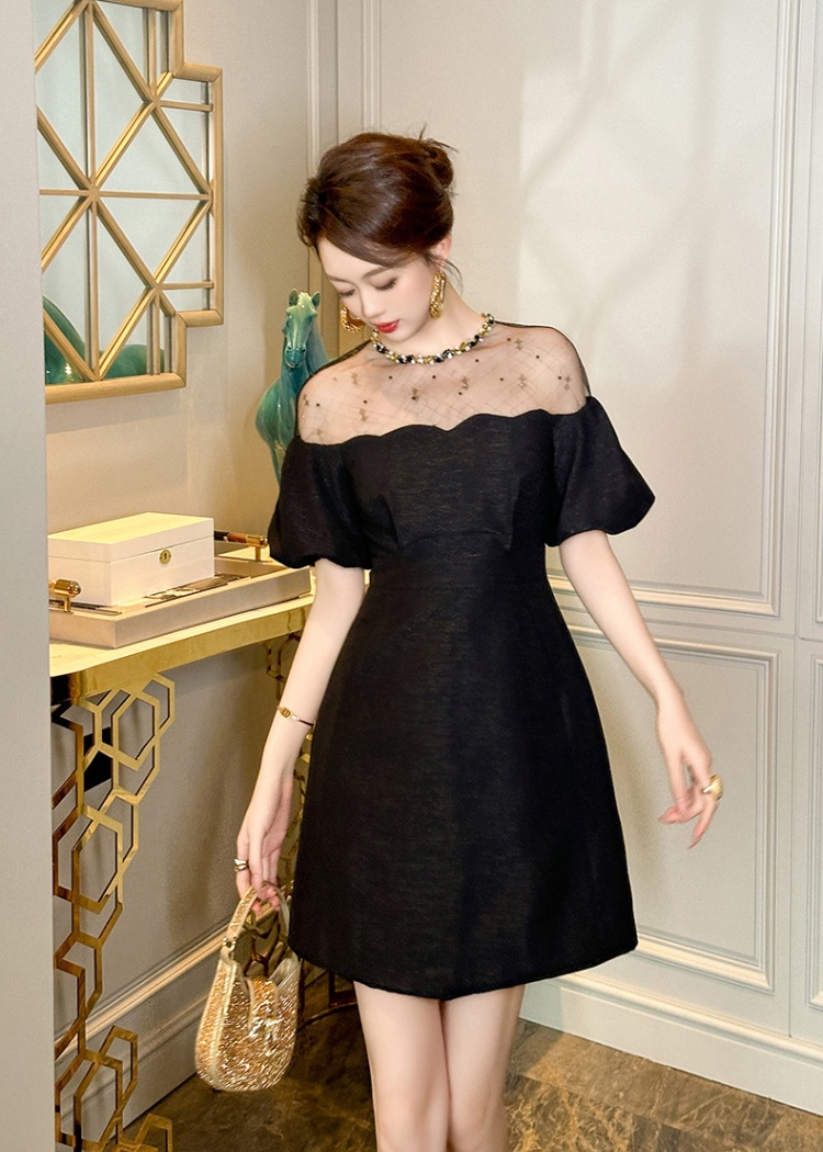 A-line puff sleeve pinched waist summer rhinestone dress