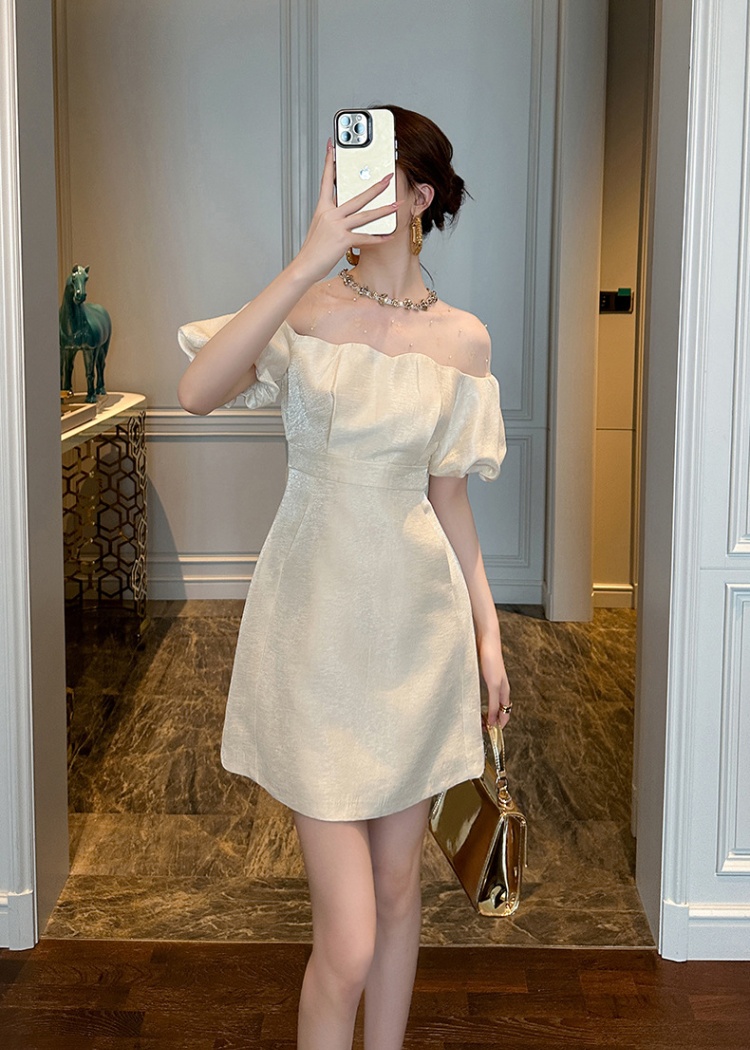 A-line puff sleeve pinched waist summer rhinestone dress