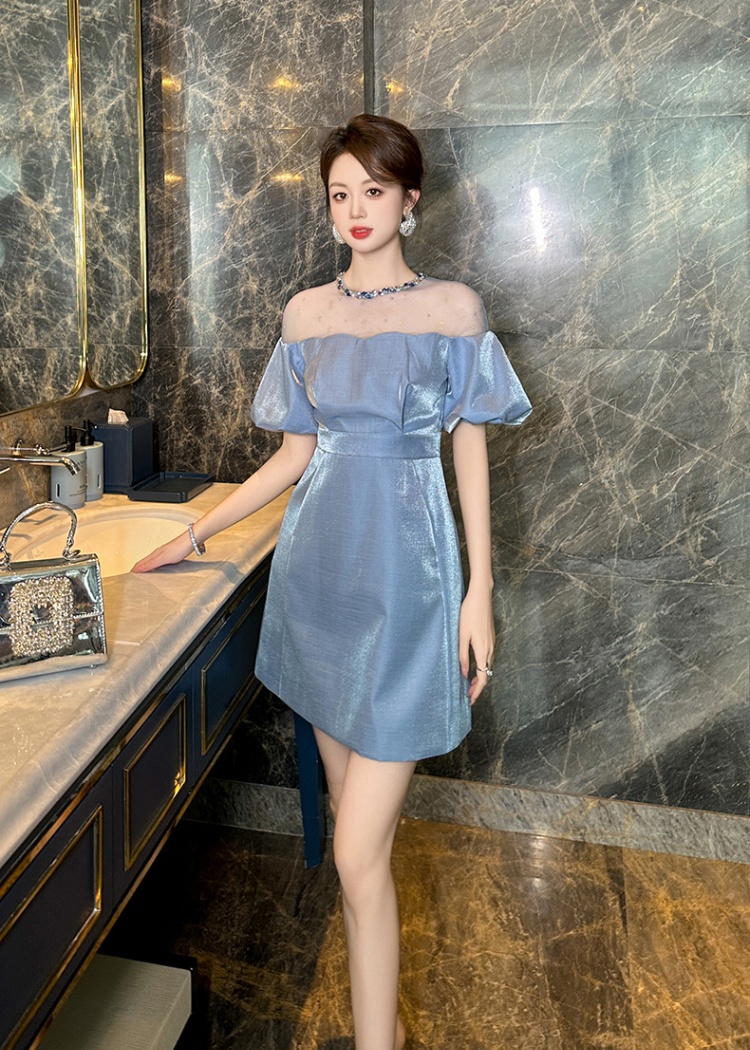 A-line puff sleeve pinched waist summer rhinestone dress