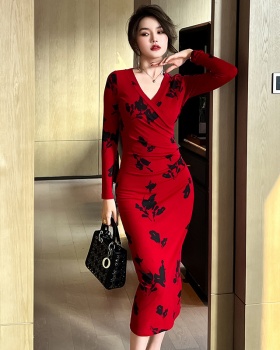 Slim autumn dress bottoming printing long dress