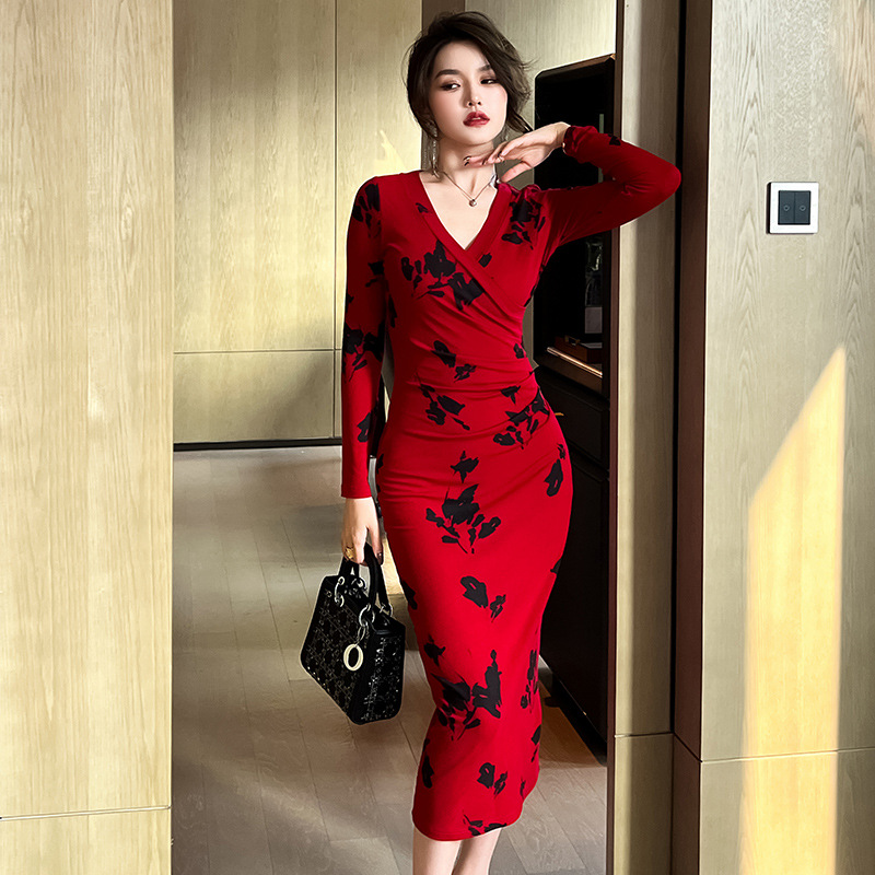 Slim autumn dress bottoming printing long dress