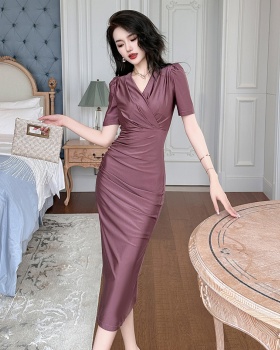 Retro France style purple V-neck summer dress for women