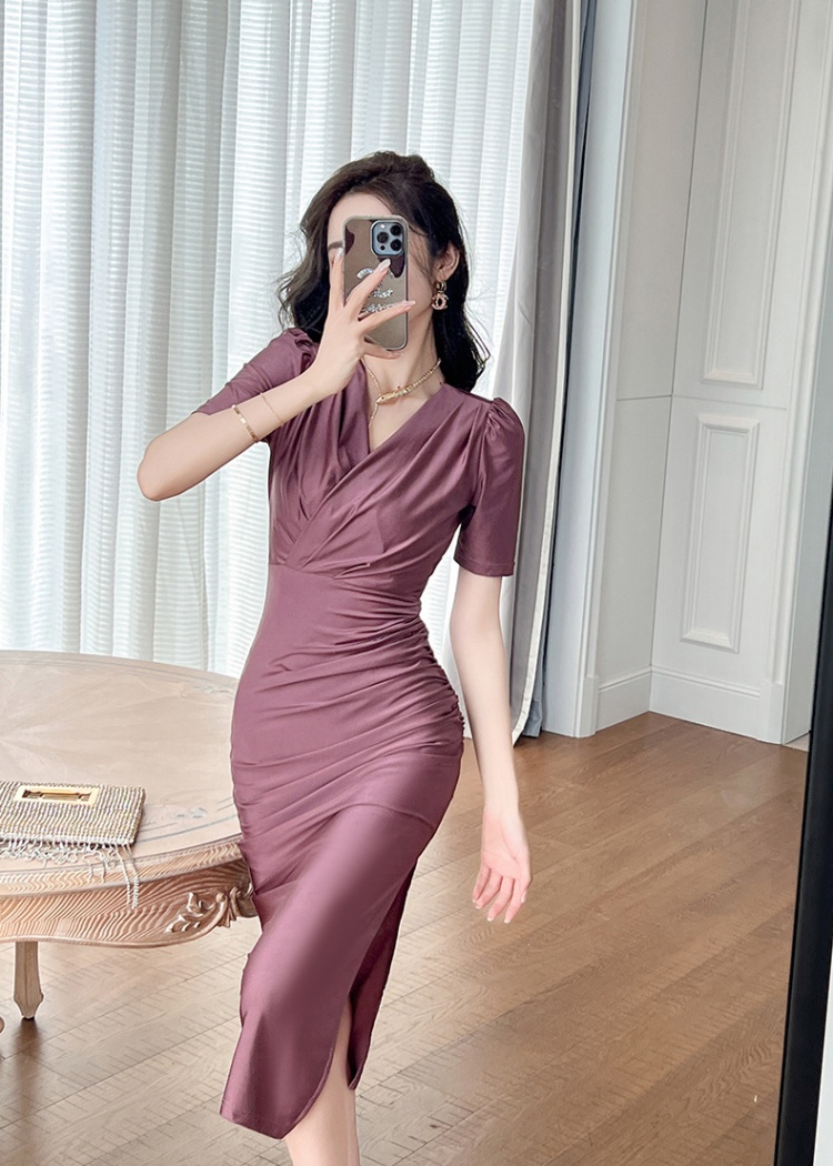 Retro France style purple V-neck summer dress for women