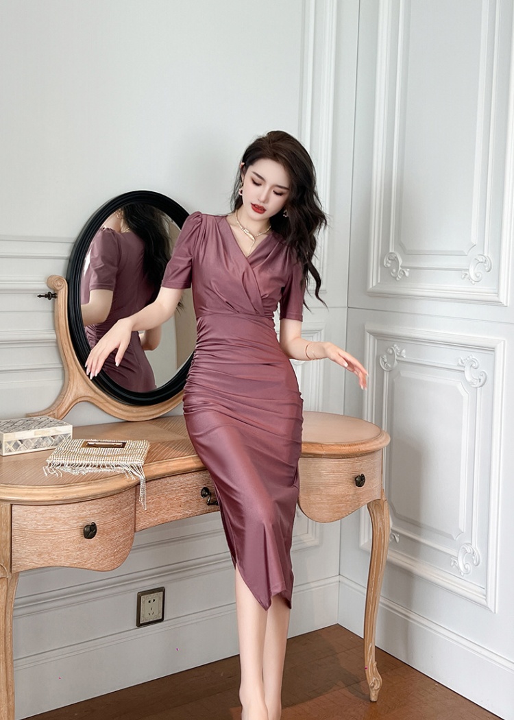 Retro France style purple V-neck summer dress for women