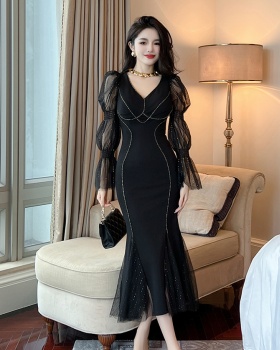 Lantern sleeve gauze dress splice V-neck long dress