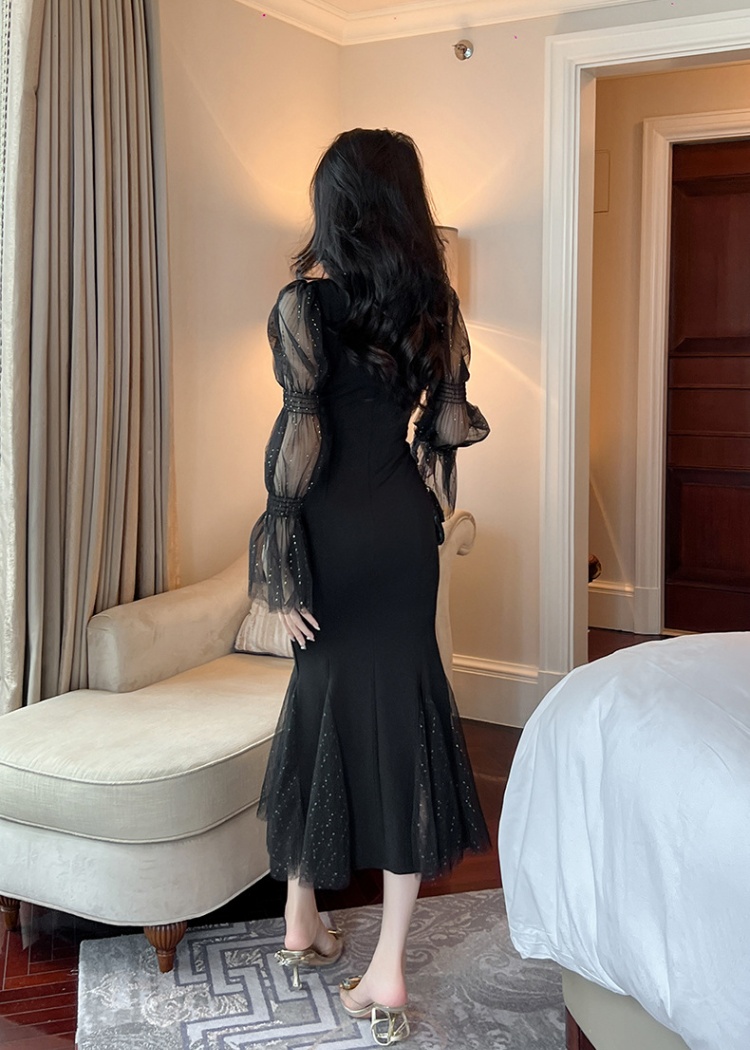 Lantern sleeve gauze dress splice V-neck long dress