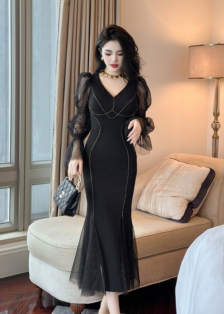 Lantern sleeve gauze dress splice V-neck long dress