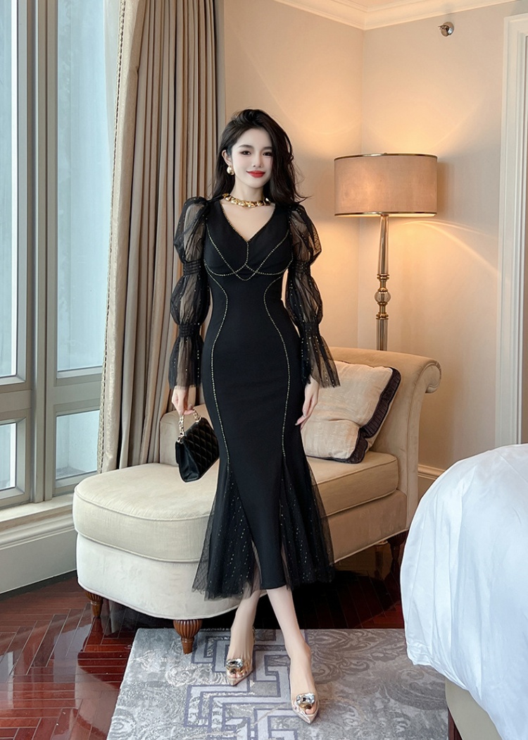 Lantern sleeve gauze dress splice V-neck long dress