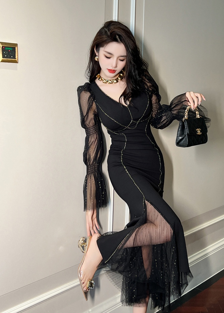 Lantern sleeve gauze dress splice V-neck long dress