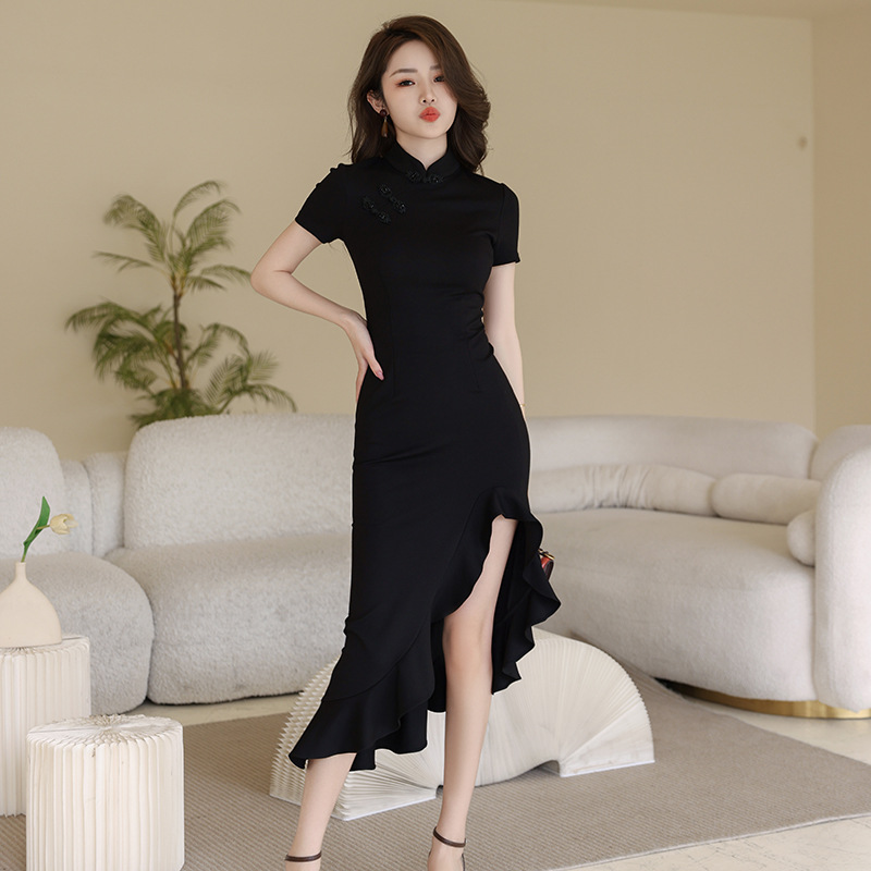 Black Chinese style dress mermaid summer cheongsam