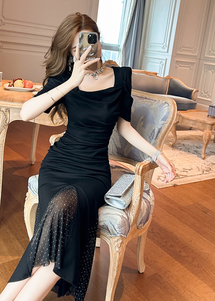 Temperament mermaid square collar puff sleeve slim dress