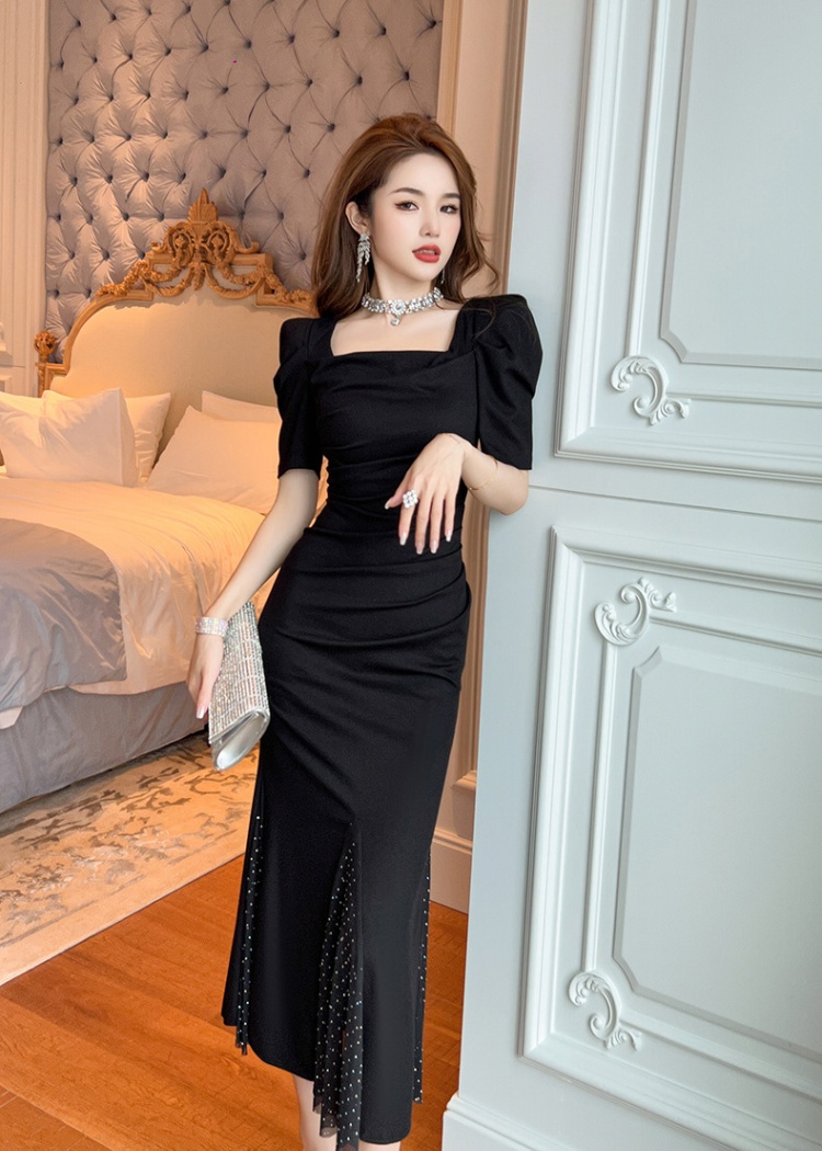 Temperament mermaid square collar puff sleeve slim dress