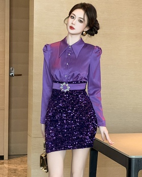 Lapel package hip shirt velvet sequins dress for women