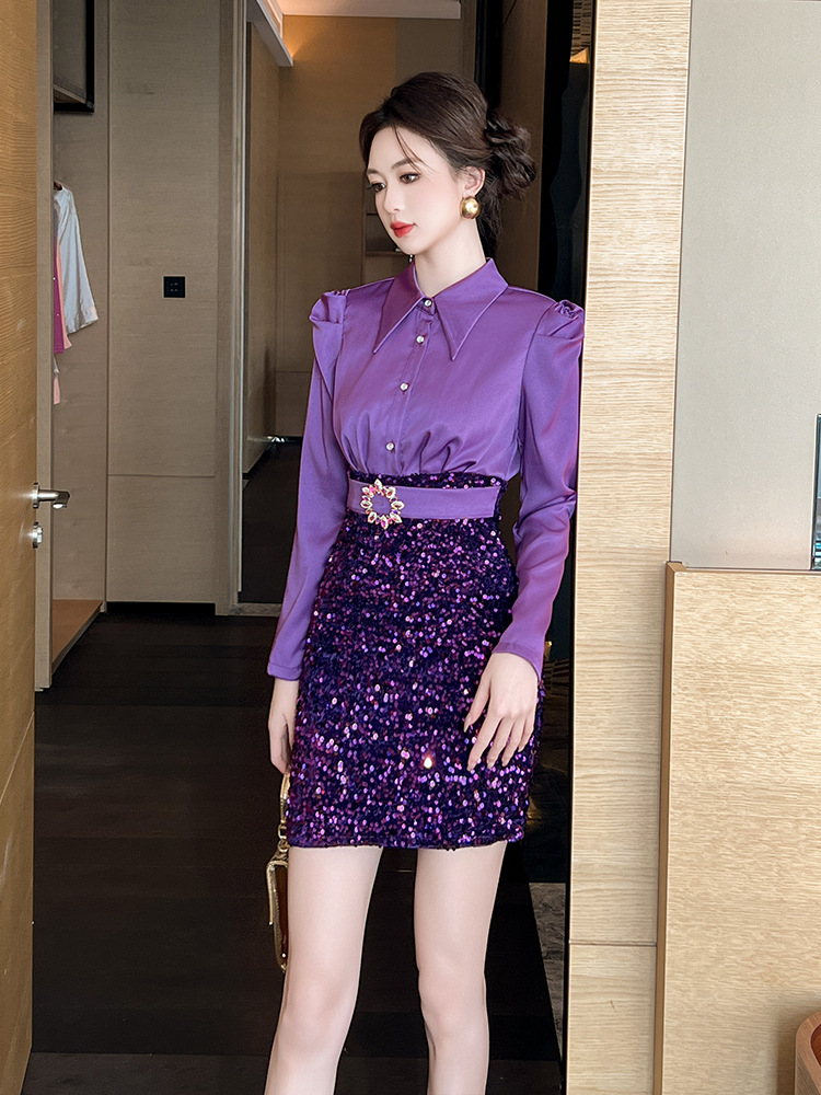 Lapel package hip shirt velvet sequins dress for women