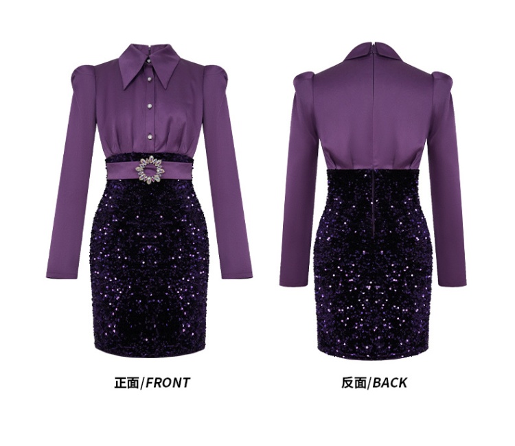 Lapel package hip shirt velvet sequins dress for women