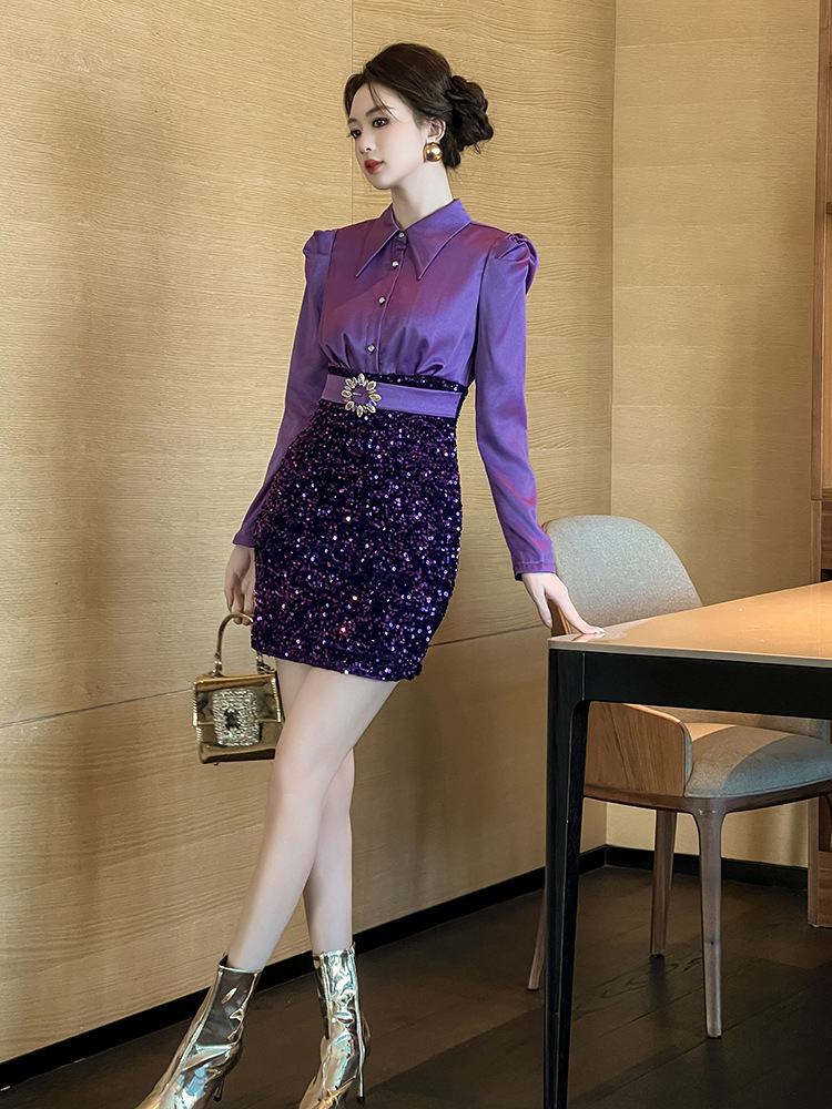 Lapel package hip shirt velvet sequins dress for women