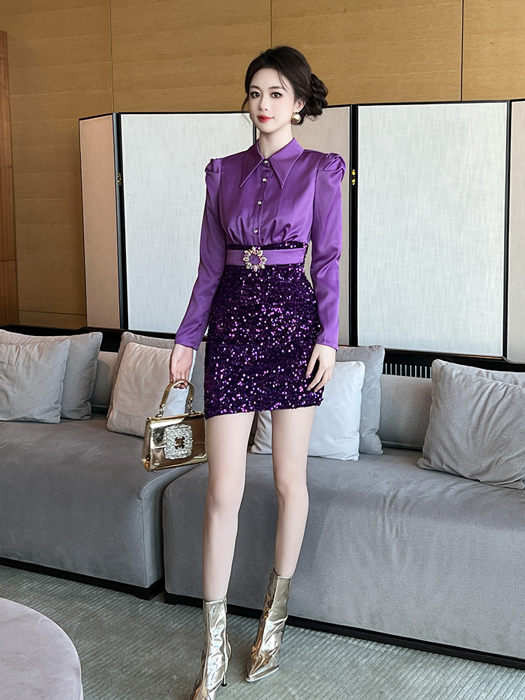 Lapel package hip shirt velvet sequins dress for women