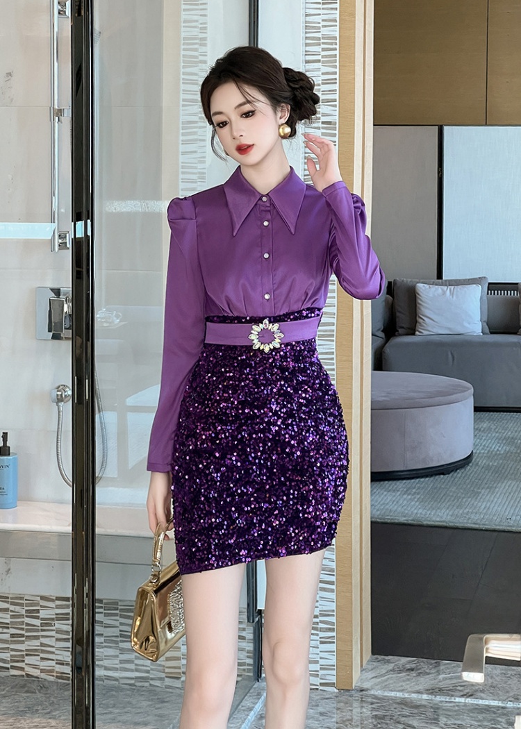 Lapel package hip shirt velvet sequins dress for women