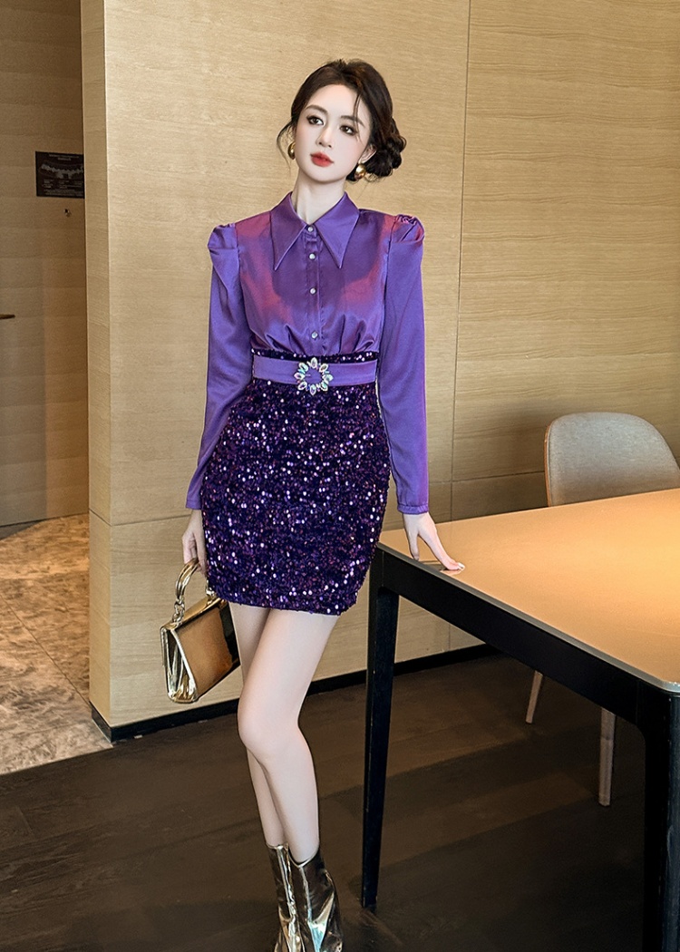 Lapel package hip shirt velvet sequins dress for women