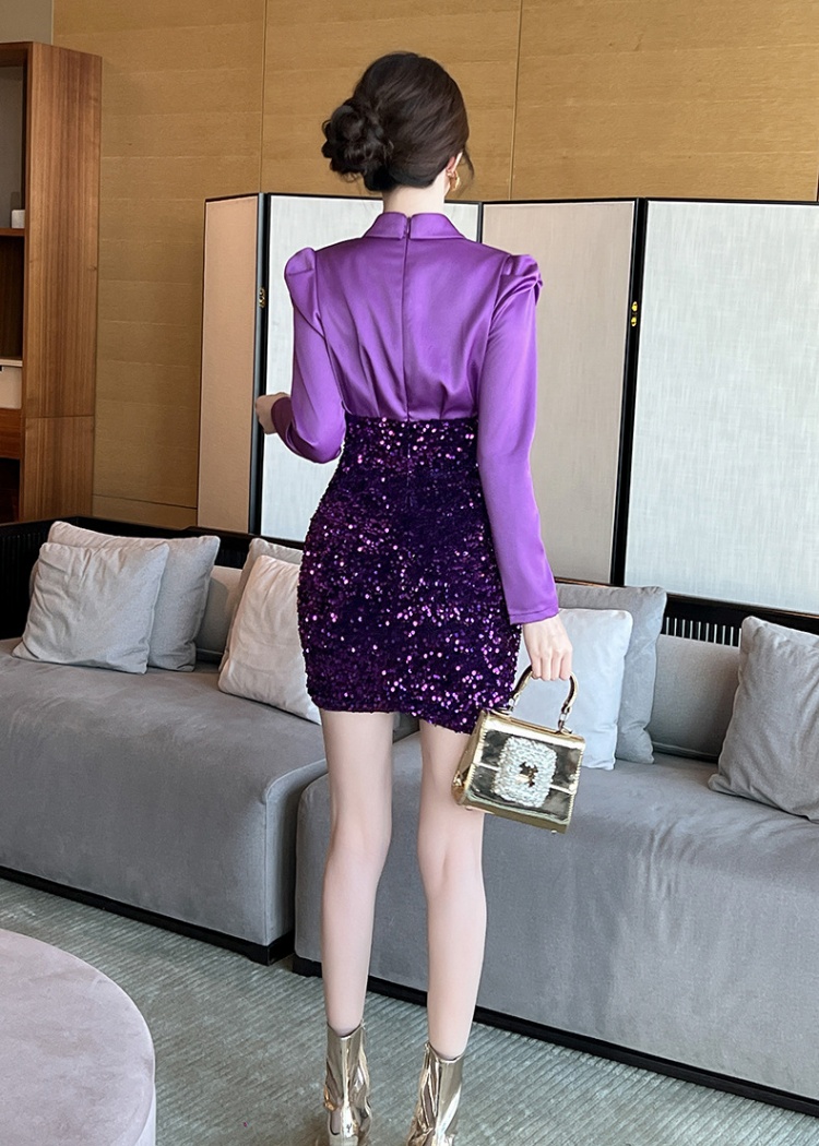 Lapel package hip shirt velvet sequins dress for women