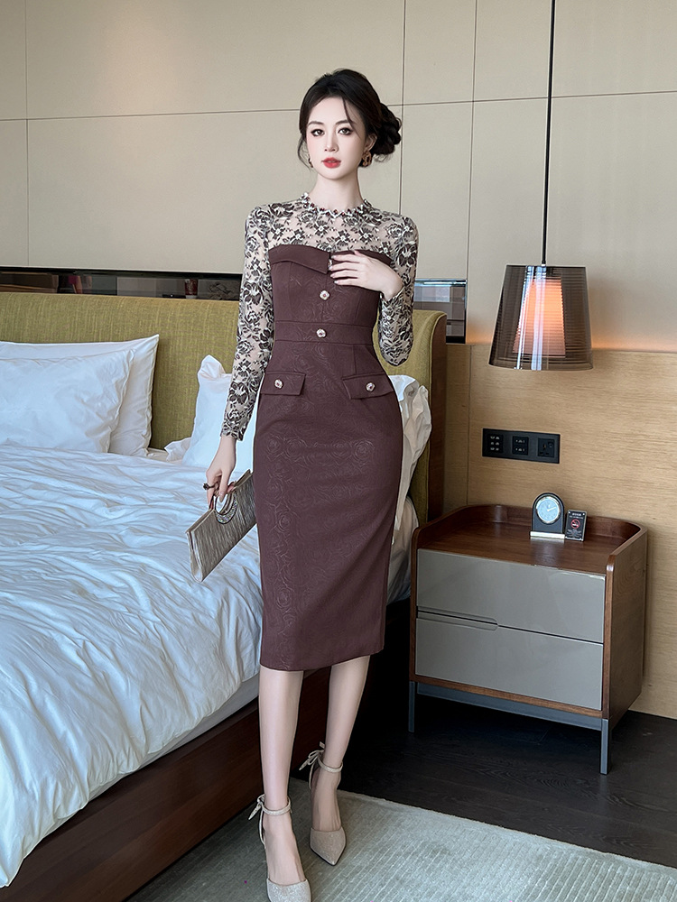 Long sleeve light package hip splice dress for women