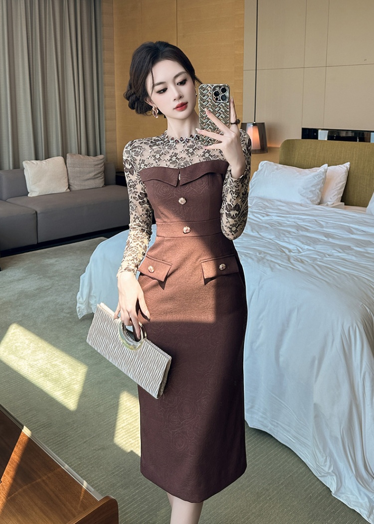 Long sleeve light package hip splice dress for women