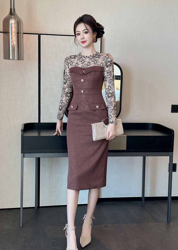 Long sleeve light package hip splice dress for women