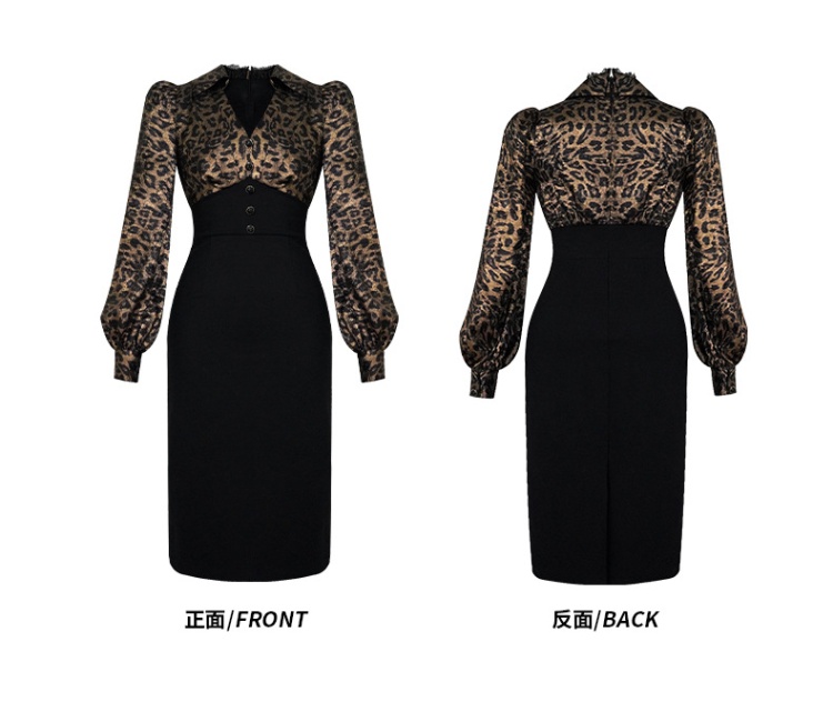 Splice pinched waist leopard package hip dress for women