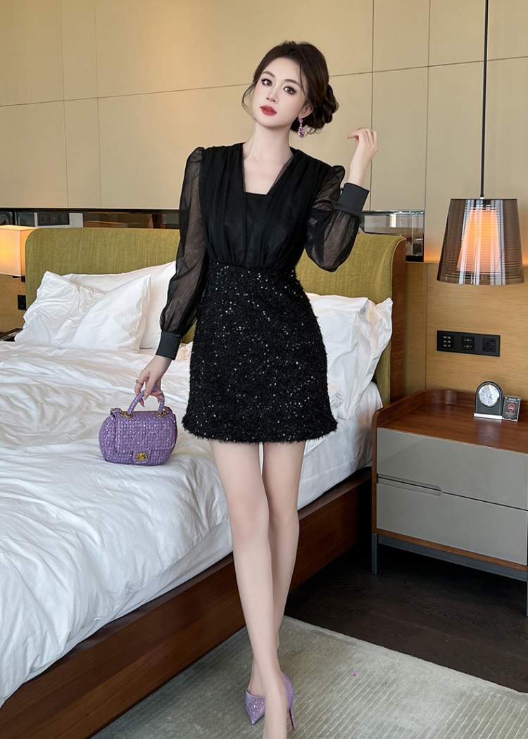 Package hip black France style dress for women