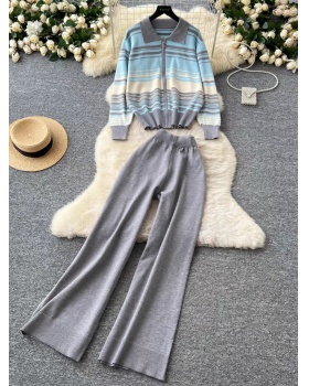 Retro knitted tops Korean style long pants a set for women