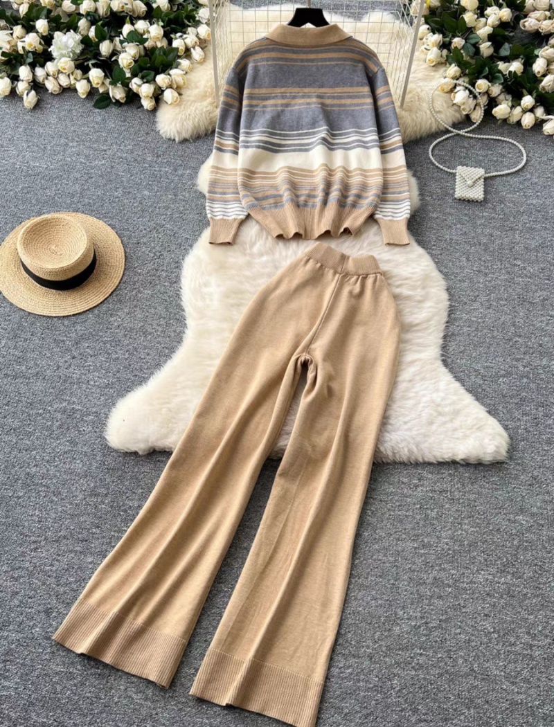 Retro knitted tops Korean style long pants a set for women