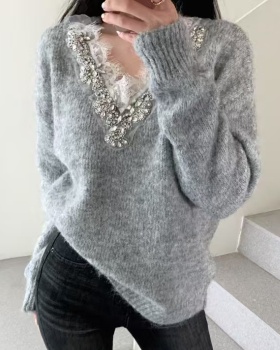 Rhinestone lace sweet style V-neck sweater