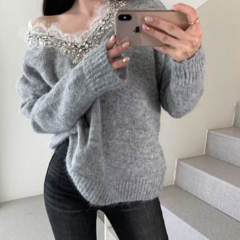 Rhinestone lace sweet style V-neck sweater