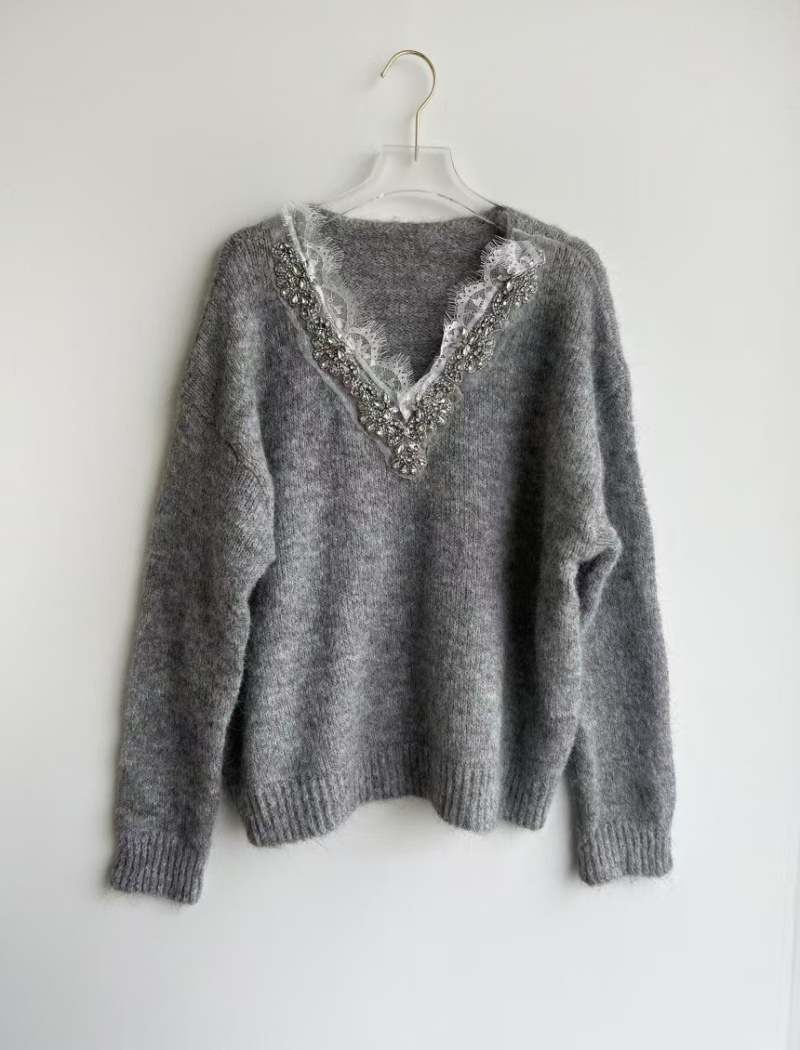 Rhinestone lace sweet style V-neck sweater