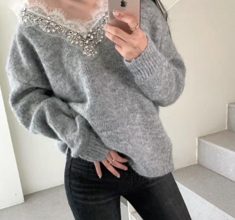 Rhinestone lace sweet style V-neck sweater