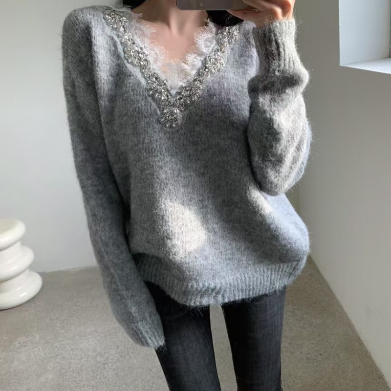 Rhinestone lace sweet style V-neck sweater