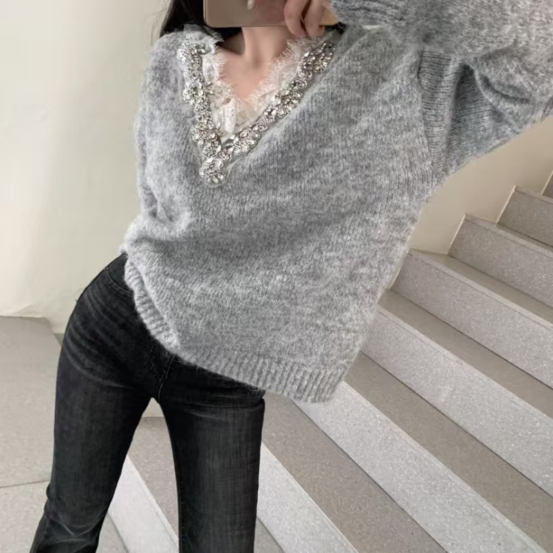 Rhinestone lace sweet style V-neck sweater