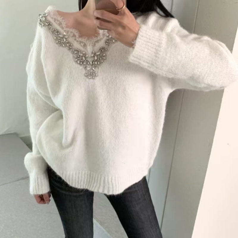 Rhinestone lace sweet style V-neck sweater